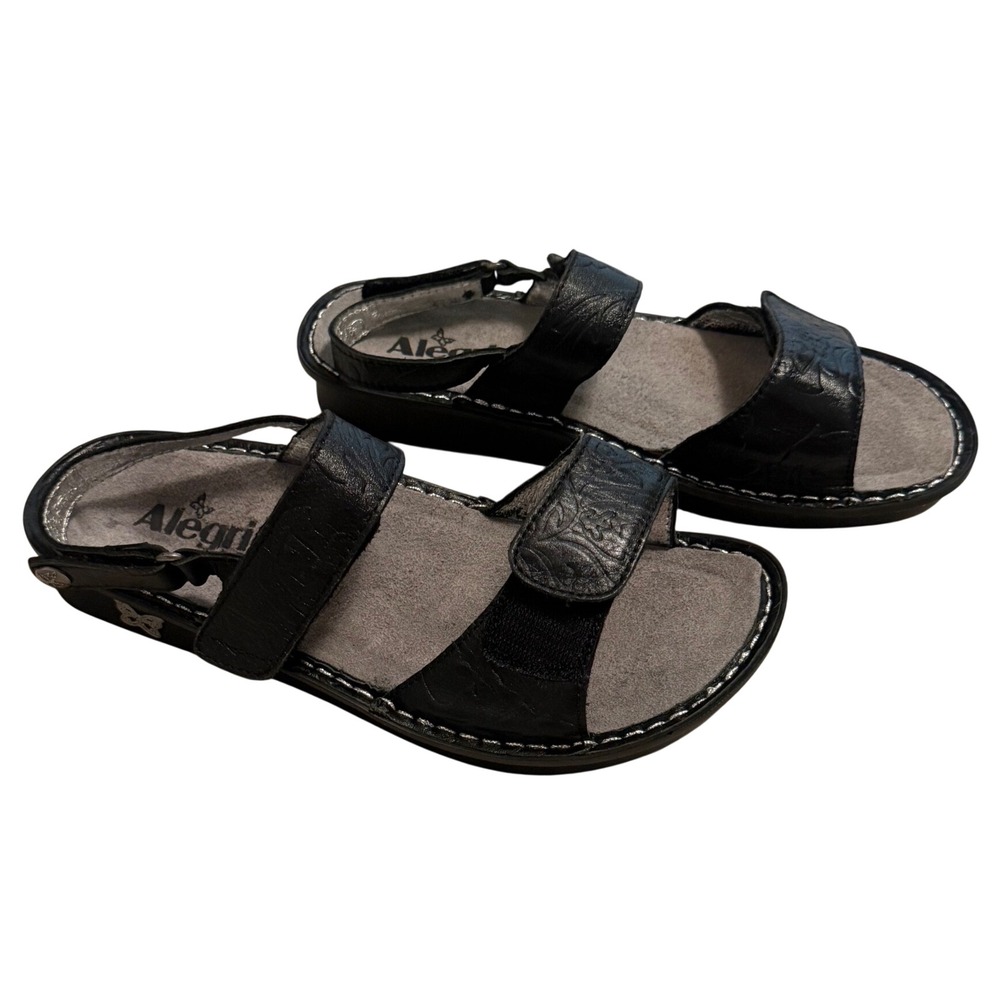 Alegria Verona Sandals Womens 38 Black Excellent Floral Embossed Leather Comfort